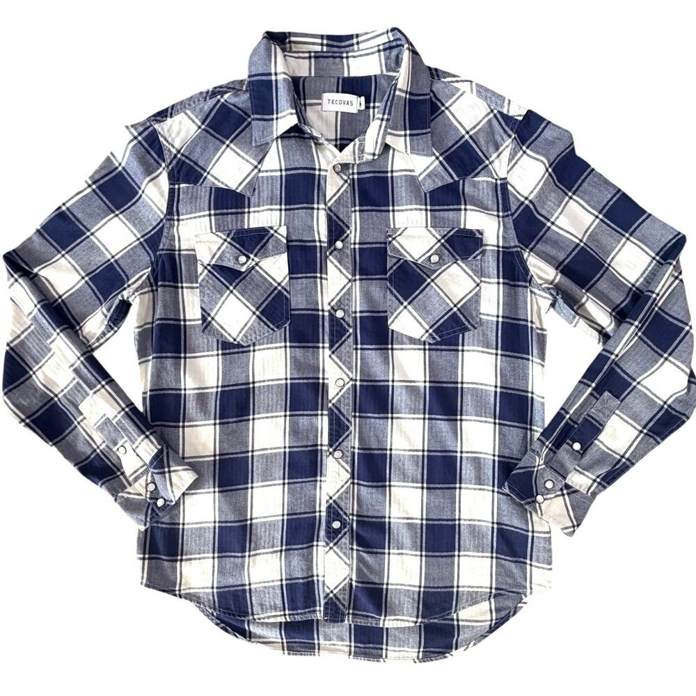 Tecovas Pearl Snap Western Shirt Men’s Medium Blue White Plaid Button Down Ranch